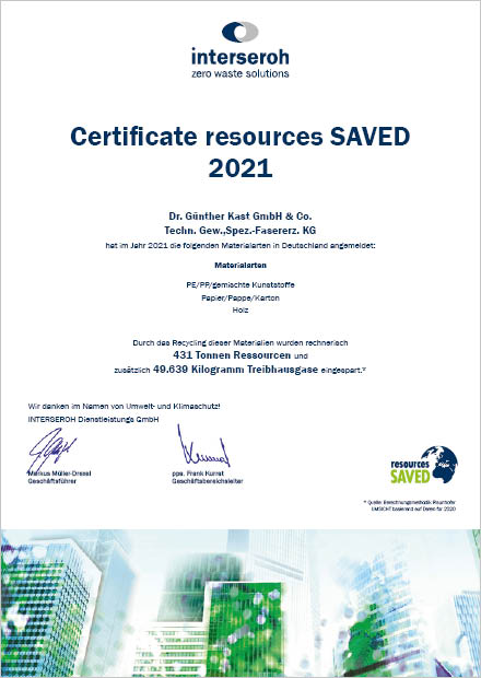 Kast Zertifikat von Interseroh über Einsparung und Recycling im Jahr 2021