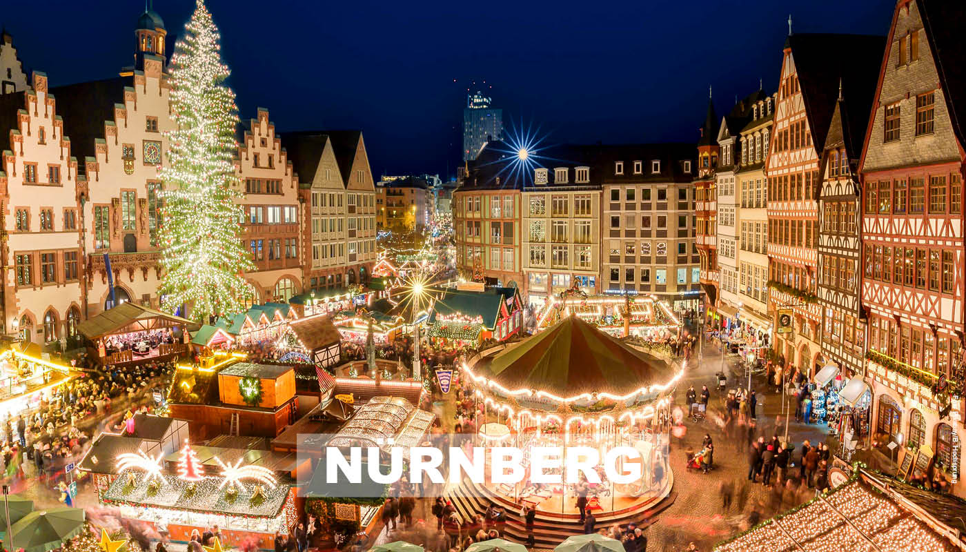 Foto von nächtlichem Weihnachtsmarkt in Nürnberg