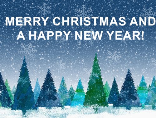 A Card with Christmas wishes and trees in the Background.