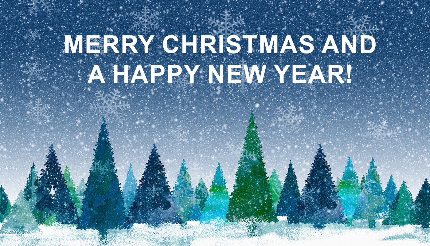 A Card with Christmas wishes and trees in the Background.